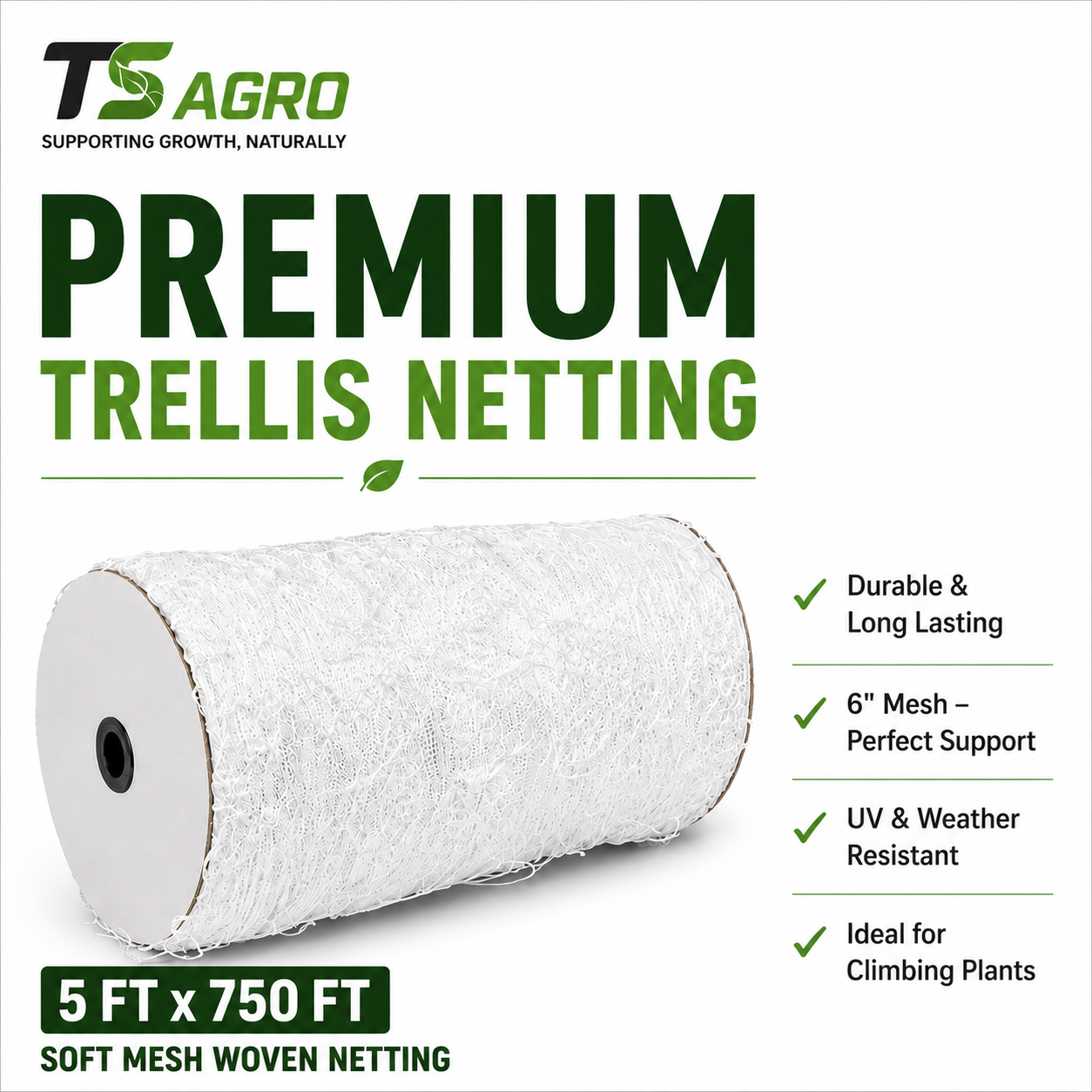 TS Agro - Heavy Duty Garden Plant Support Netting, 5x750ft